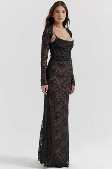 Front view of black lace off-shoulder maxi dress with long sleeves