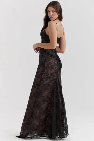 Back view of black lace maxi dress with open back and spaghetti straps