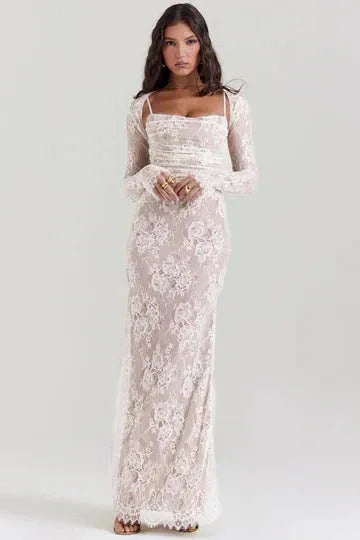 White lace off-shoulder maxi dress with long sleeves and ruched bodice