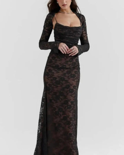 Black lace off-shoulder maxi dress with long sleeves and ruched bodice