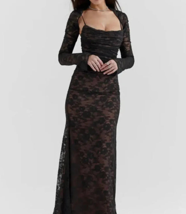 Black lace off-shoulder maxi dress with long sleeves and ruched bodice