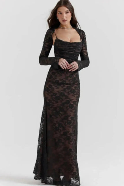 Black lace off-shoulder maxi dress with long sleeves and ruched bodice