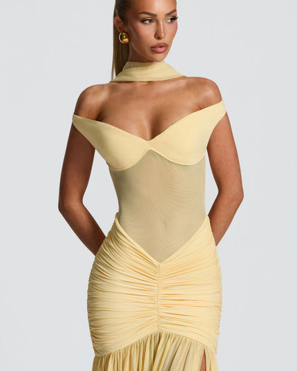Cream off-shoulder ruched maxi dress close-up detail