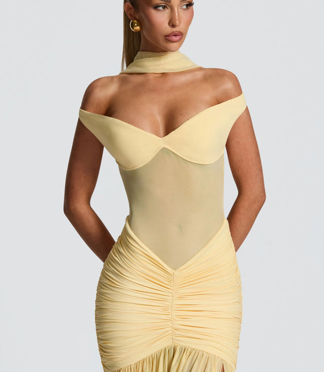 Cream off-shoulder ruched maxi dress close-up detail