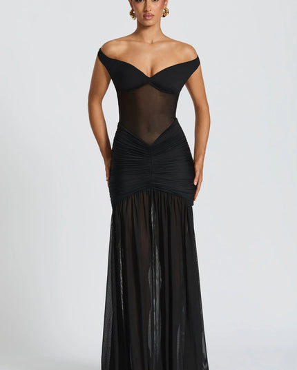 Black off-shoulder ruched mesh maxi dress with sheer bodice
