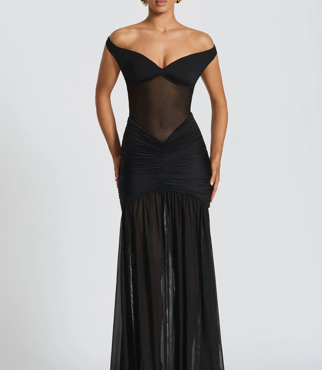 Black off-shoulder ruched mesh maxi dress with sheer bodice