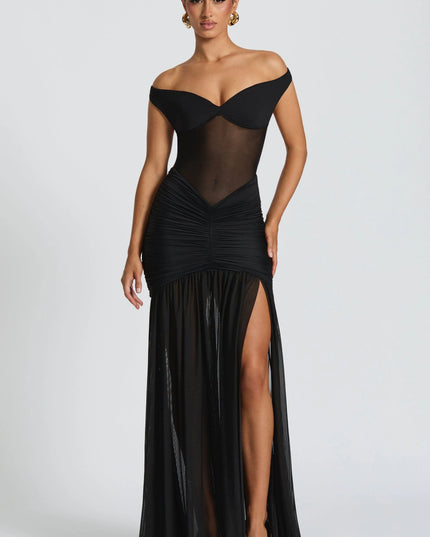 Black off-shoulder ruched mesh maxi dress front view with high slit