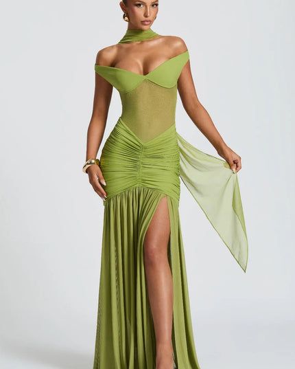 Off-shoulder ruched maxi dress in lime with mesh bodice