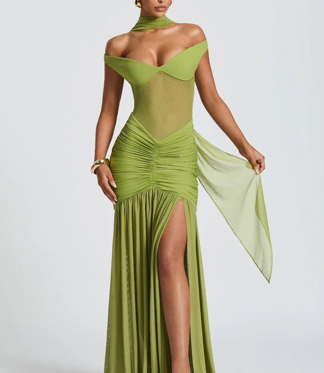 Off-shoulder ruched maxi dress in lime with mesh bodice