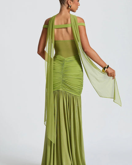 Back view of lime off-shoulder ruched maxi dress