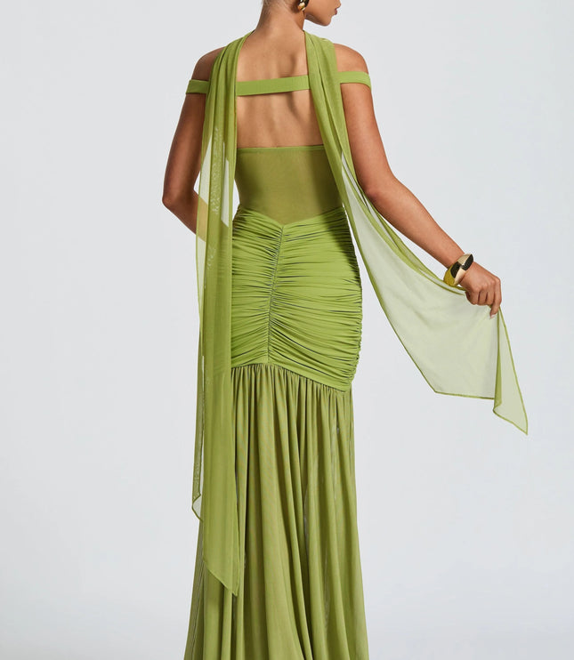 Back view of lime off-shoulder ruched maxi dress