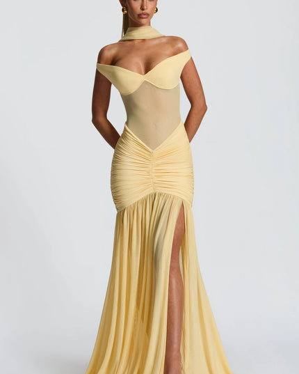 Pale yellow off-shoulder ruched mesh maxi dress