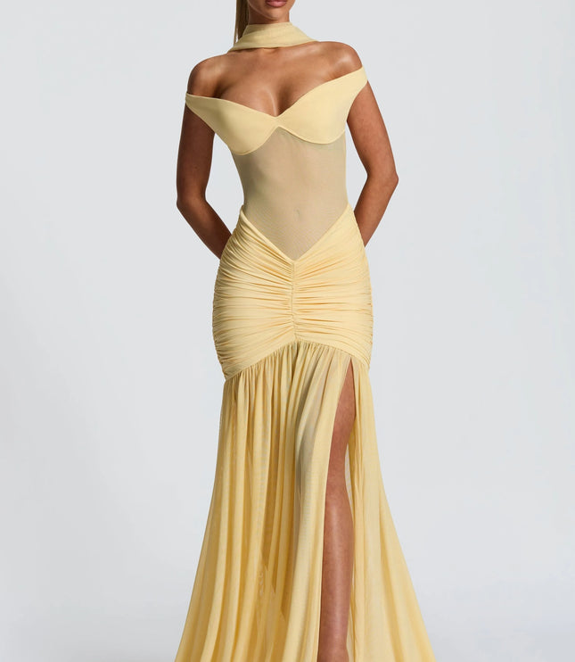 Pale yellow off-shoulder ruched mesh maxi dress