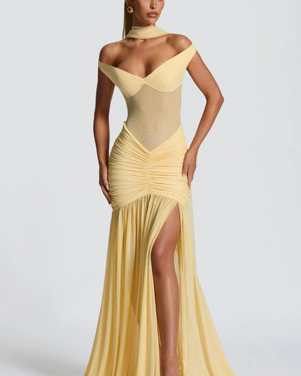 Cream off-shoulder ruched maxi dress full length view