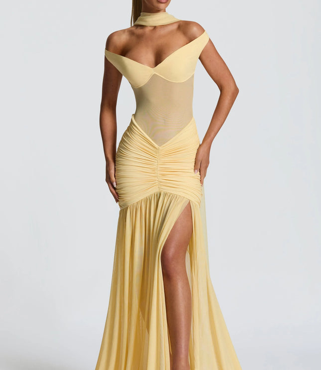 Cream off-shoulder ruched maxi dress full length view