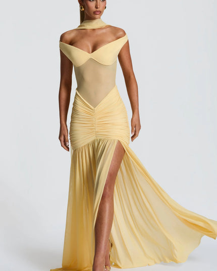 Pale yellow ruched mesh maxi dress with slit detail