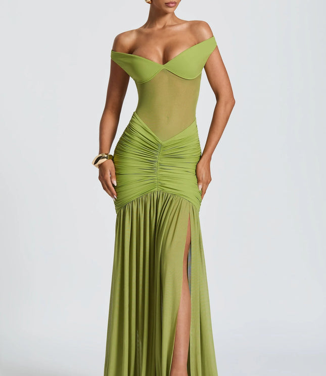 Lime green off-shoulder ruched mesh maxi dress with slit