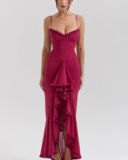 Burgundy ruffled spaghetti strap maxi dress with sweetheart neckline and asymmetrical hem