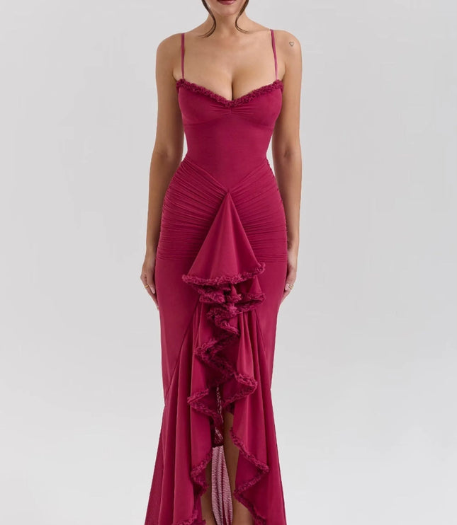 Burgundy ruffled spaghetti strap maxi dress with sweetheart neckline and asymmetrical hem