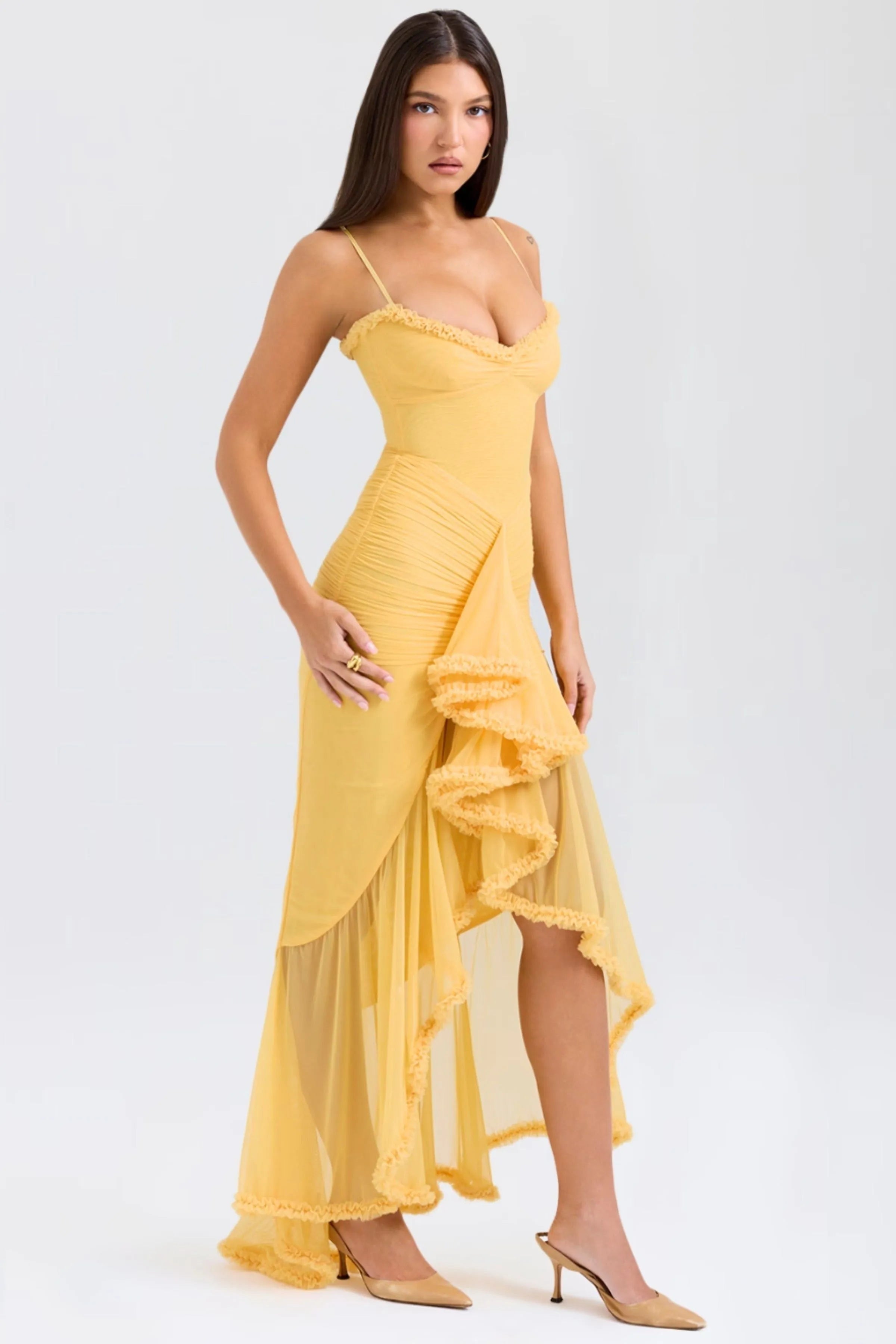 Women's Evening Ruffled Spaghetti Strap Maxi Dress - Burgundy / S - Fashion