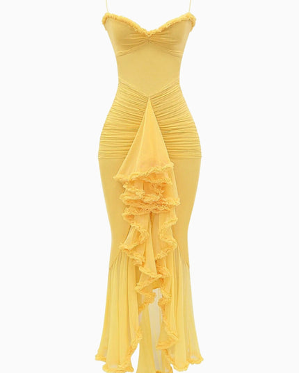 Front flat lay of yellow ruffled maxi dress showing full silhouette
