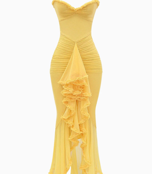 Front flat lay of yellow ruffled maxi dress showing full silhouette