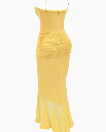 Back flat lay of yellow maxi dress with ruffled trim and spaghetti straps