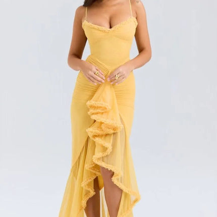 Yellow ruffled spaghetti strap maxi dress with draped asymmetrical hem