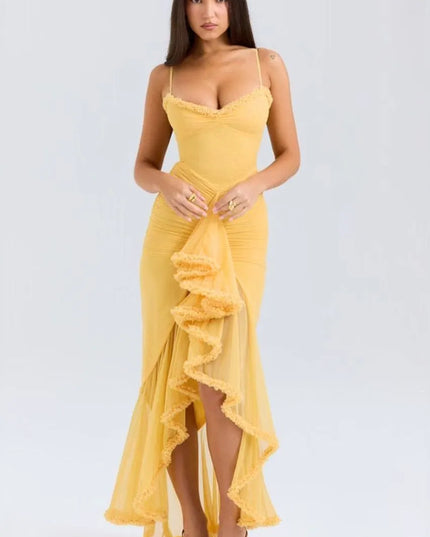 Yellow ruffled spaghetti strap maxi dress with draped asymmetrical hem