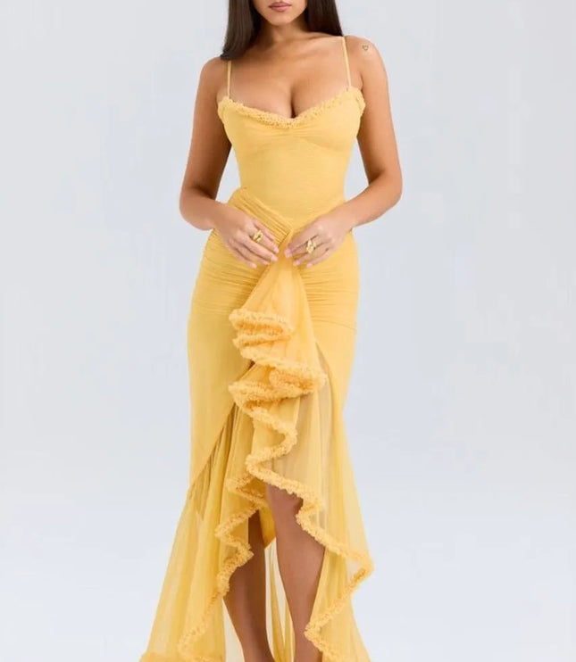 Yellow ruffled spaghetti strap maxi dress with draped asymmetrical hem