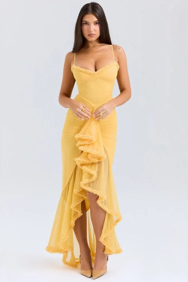 Yellow ruffled spaghetti strap maxi dress with draped asymmetrical hem