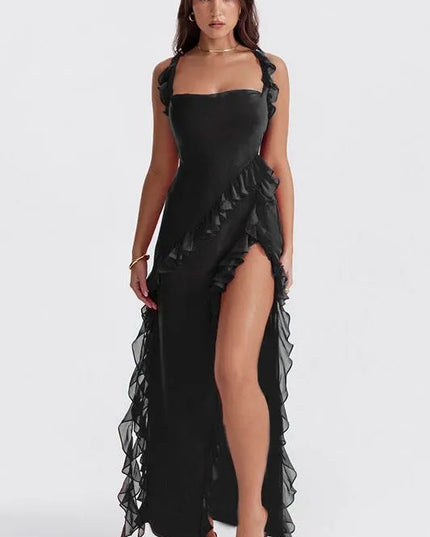 Black ruffled square neck maxi dress with asymmetrical slit front view