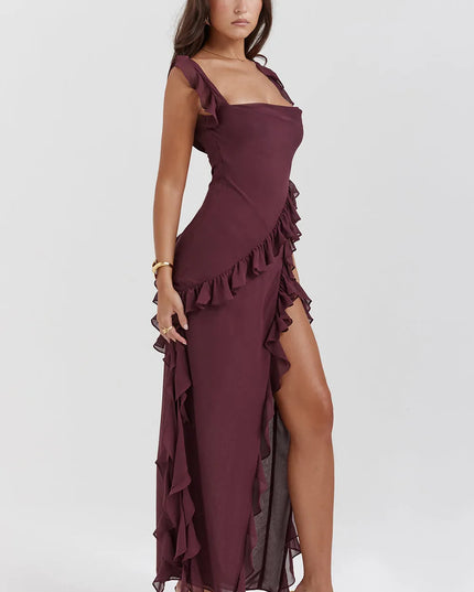 Burgundy square neck maxi dress with cascading ruffles and high slit side view