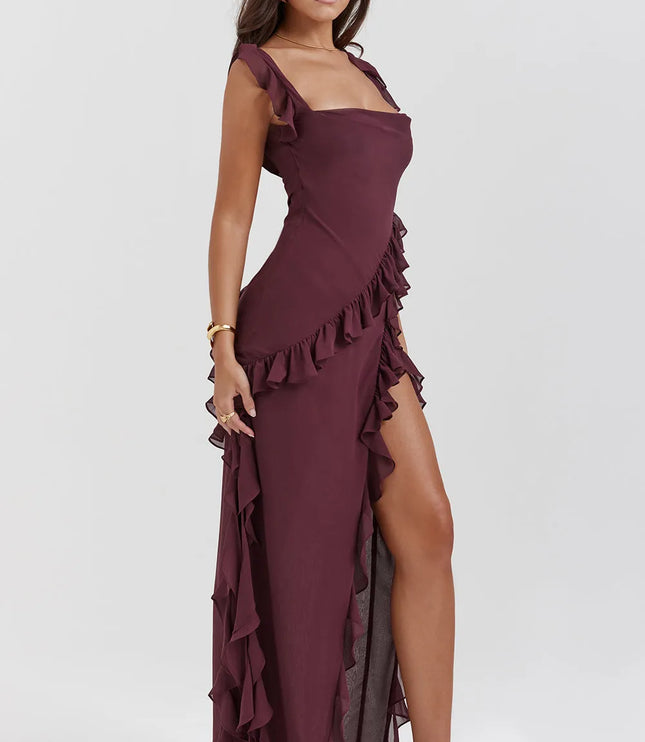 Burgundy square neck maxi dress with cascading ruffles and high slit side view