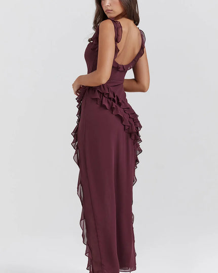 Burgundy square neck maxi dress back view showing open back and ruffled slit