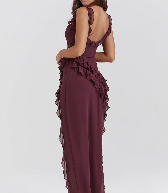 Burgundy square neck maxi dress back view showing open back and ruffled slit