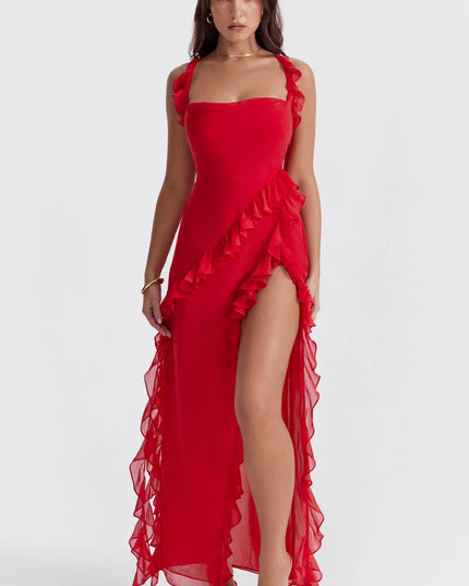 Red ruffled square neck maxi dress with side slit front view