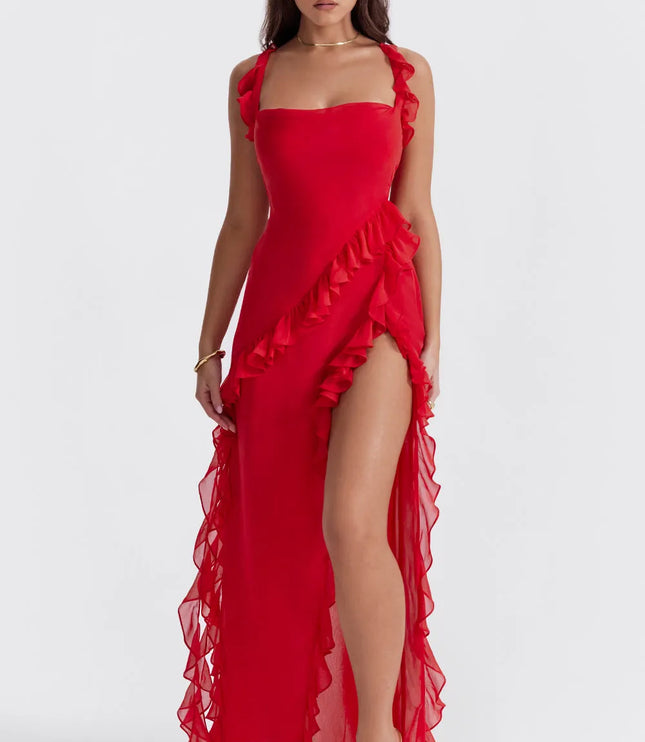 Red ruffled square neck maxi dress with side slit front view