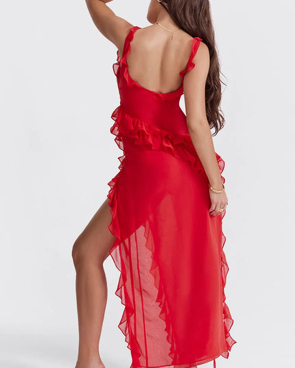 Red square neck maxi dress with cascading ruffles and high slit back view
