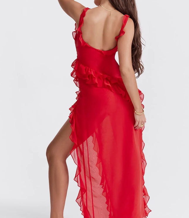 Red square neck maxi dress with cascading ruffles and high slit back view