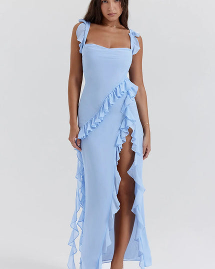 Light blue ruffled square neck maxi dress with side slit front view