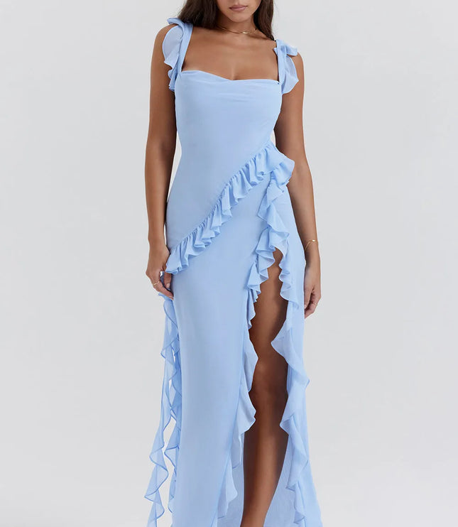 Light blue ruffled square neck maxi dress with side slit front view
