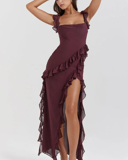 Burgundy ruffled square neck maxi dress with side slit front view