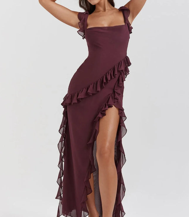 Burgundy ruffled square neck maxi dress with side slit front view