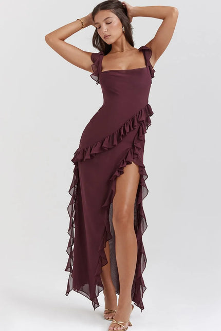 Burgundy ruffled square neck maxi dress with side slit front view