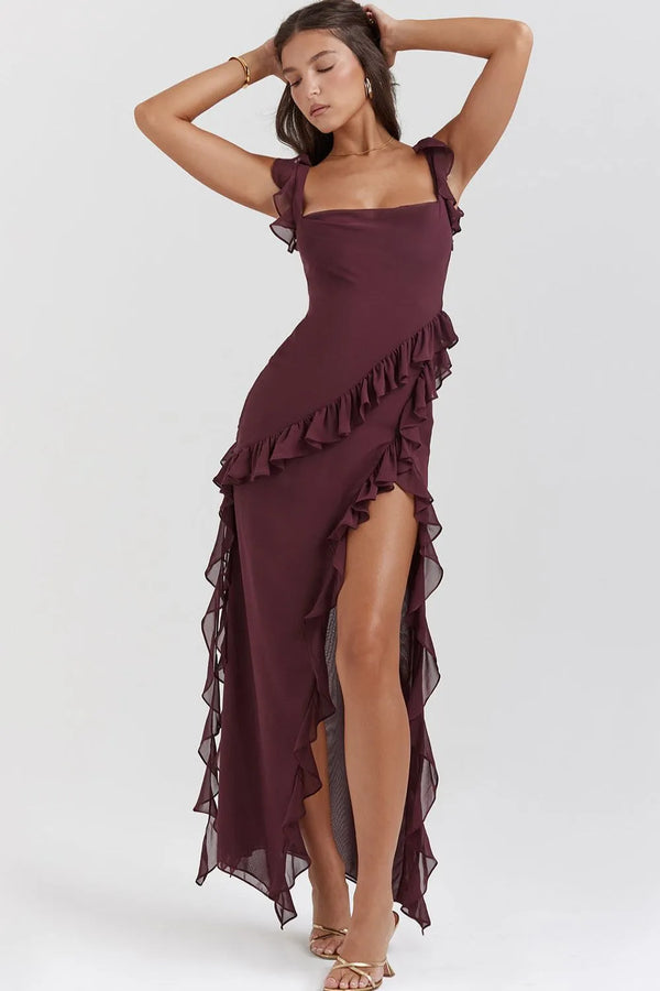 Burgundy ruffled square neck maxi dress with side slit front view