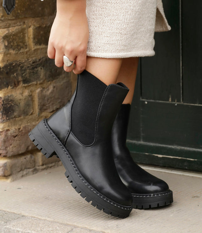 Women's Faux Leather Chelsea Boots with Studded Trim