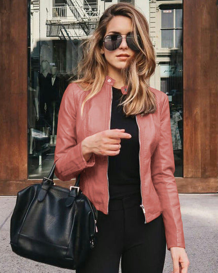 Women's Faux Leather Moto Jacket with Zip Front