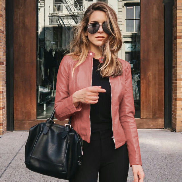 Women's Faux Leather Moto Jacket with Zip Front