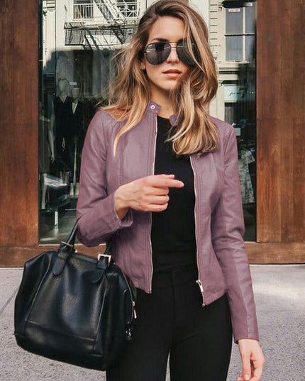 Women's Faux Leather Moto Jacket with Zip Front